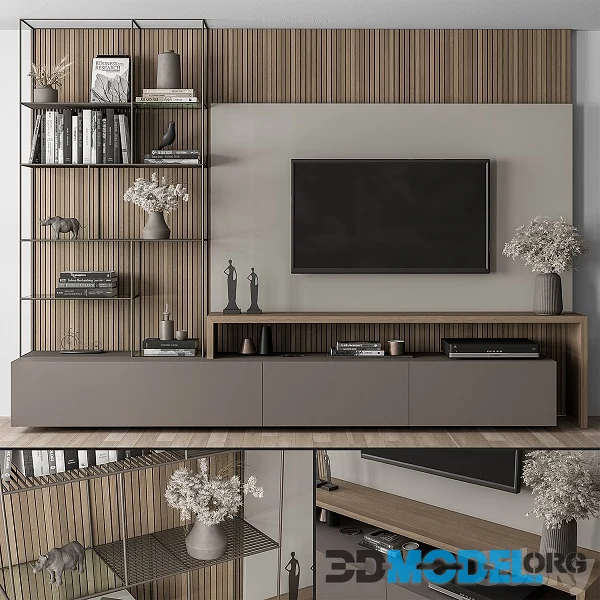 3D Model TV Wall Black And Wood Set 36