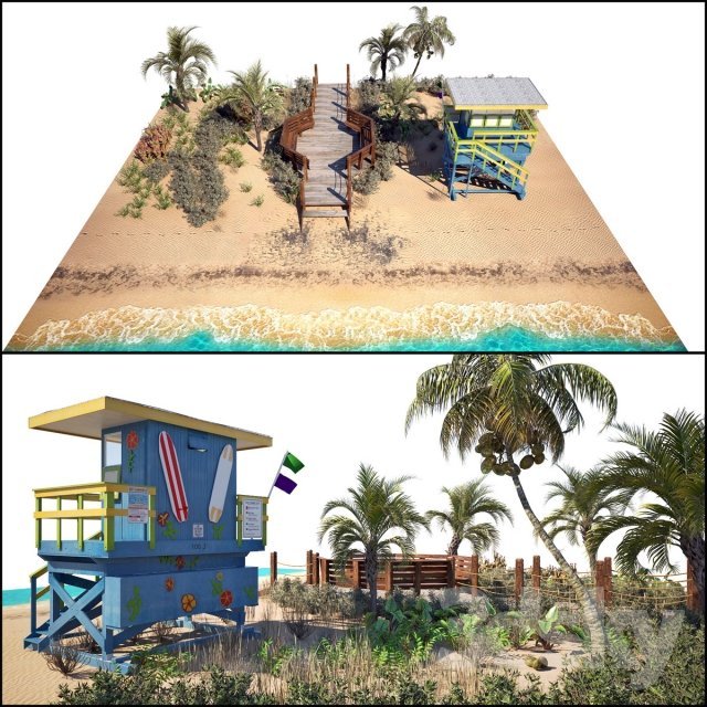 Ocean Beach set and Miami Lifeguard Hut (with plants)