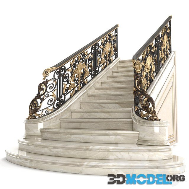 Beige marble staircase with wrought iron railing