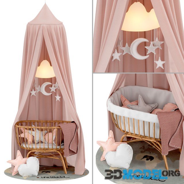 Rattan Cradle with Linen Canopy by Childhome