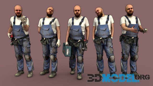 Bald Worker in Overalls & White T-shirt