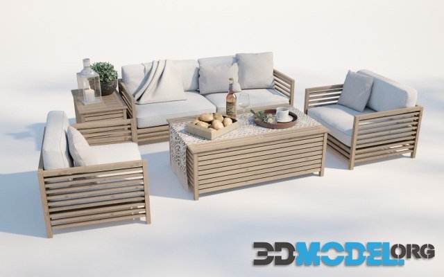 Set of garden furniture made of wooden slats
