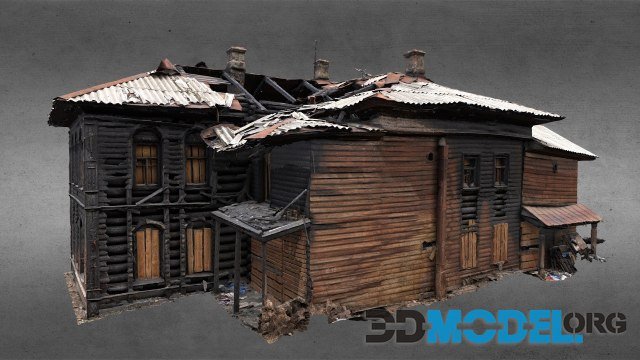 Burned wooden building for reconstruction PBR