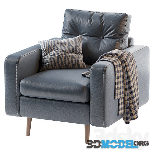 Deans Chair Leather Blue with plaid and pillow