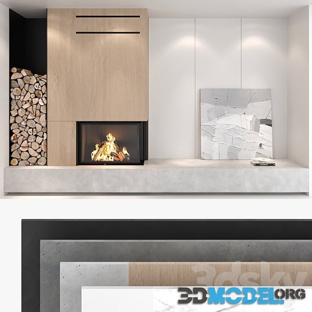 Decorative wall with fireplace set 01 (modern style)