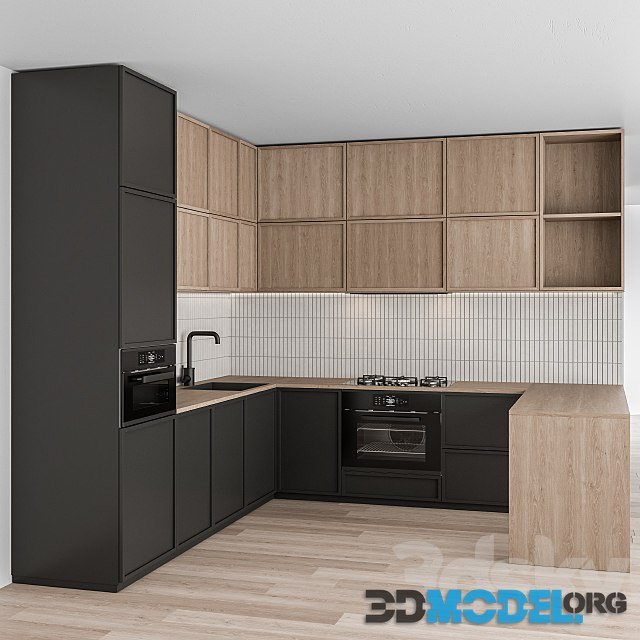 Kitchen Modern Black and White with Wood 50 (oven, microwave, hood)