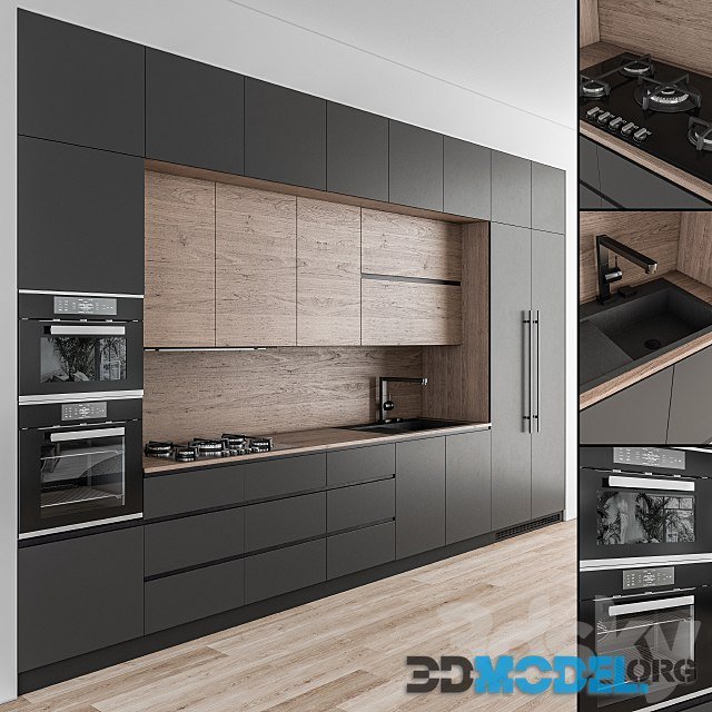 Kitchen Modern Wood and Black 49 (with  stone, oven, microwave, hood)