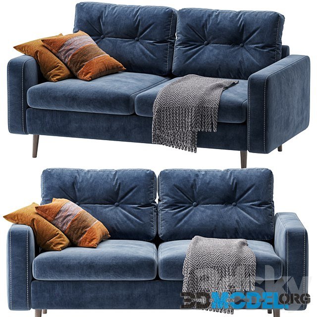 Sofa Deans Mini Velvet Blue with pillows and plaid