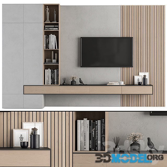 3D Model – TV Wall Wood and Concrete Set 26 (with decor)