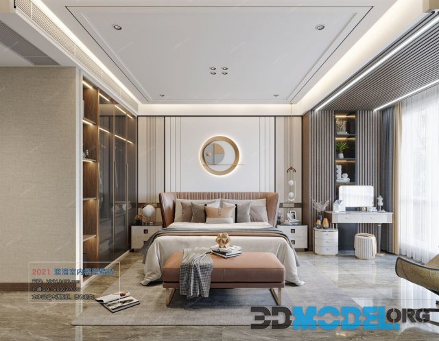 Bedroom interior with a volumetric panel