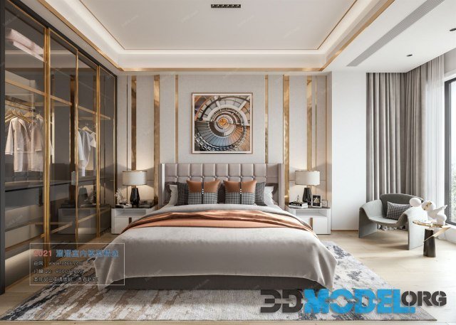 3D Model – Bedroom interior with gold inlays