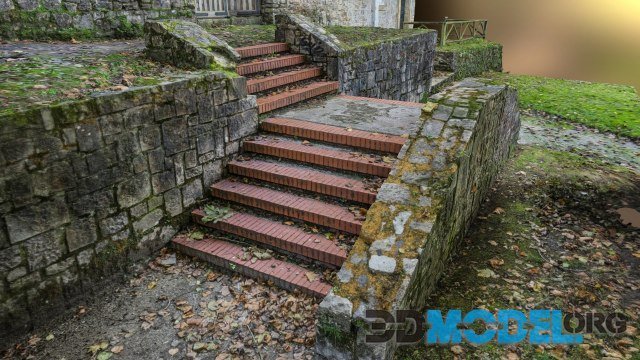 Brick stairs over stone wall
