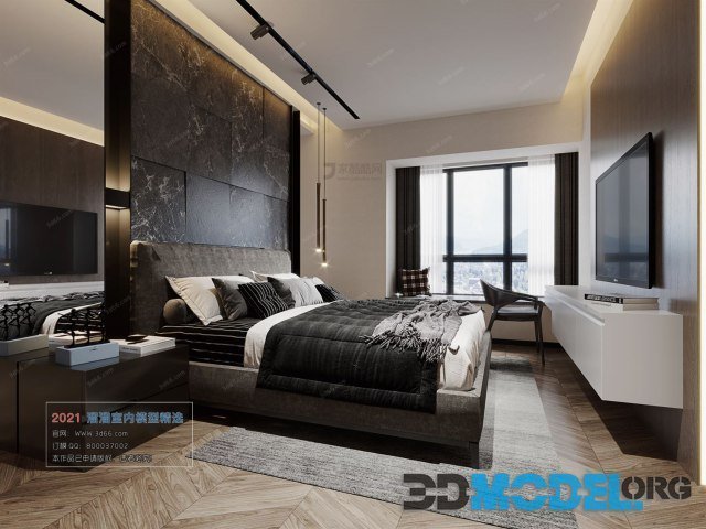 Bedroom interior with a marble panel