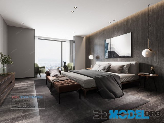 Bedroom interior with a cat on the bed