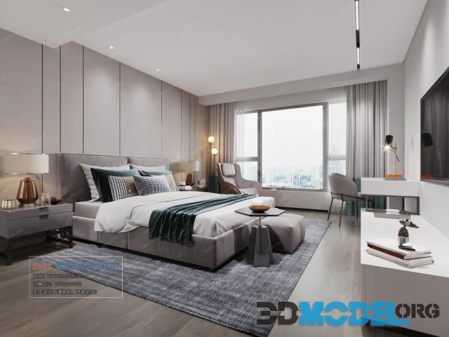 Bedroom interior with a pentagonal side table