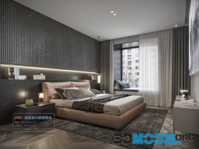 Bedroom interior with illuminated alcove