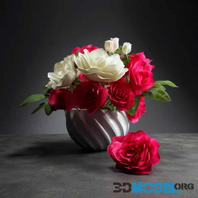 Bouquet of bright pink and white roses in a vase
