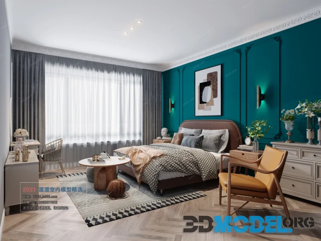 Bedroom interior with aquamarine wall