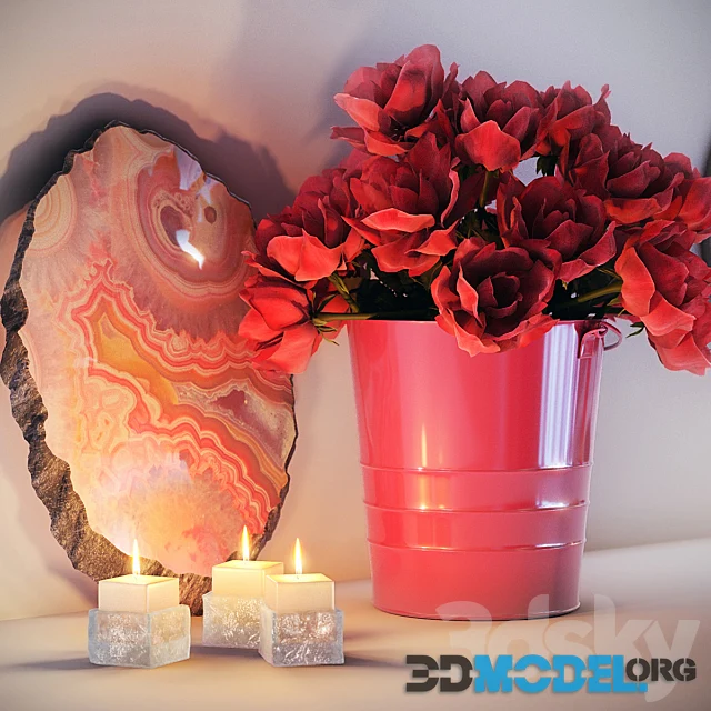 Decorative set with lamp, candles, flowers