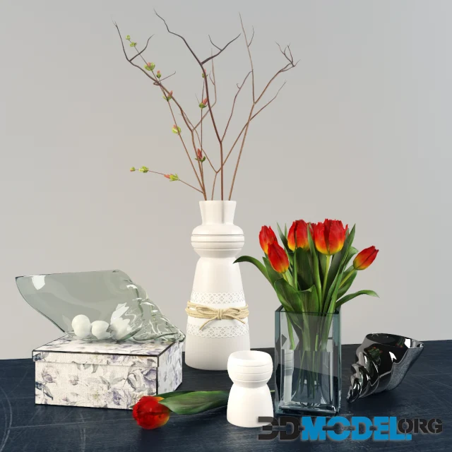 Decorative set with tulips and branches