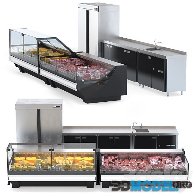 Grocery Store Display Set (Showcases, fridge, Tables)