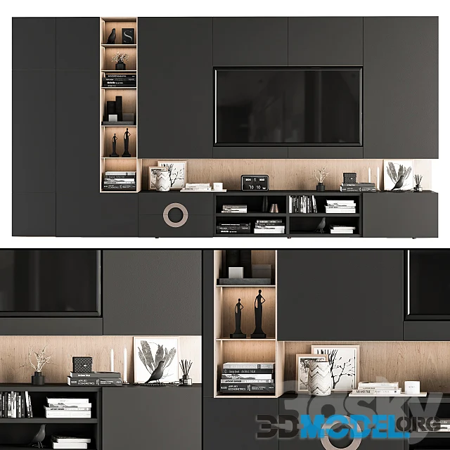 TV Wall Black and Wood Set 12 and decor