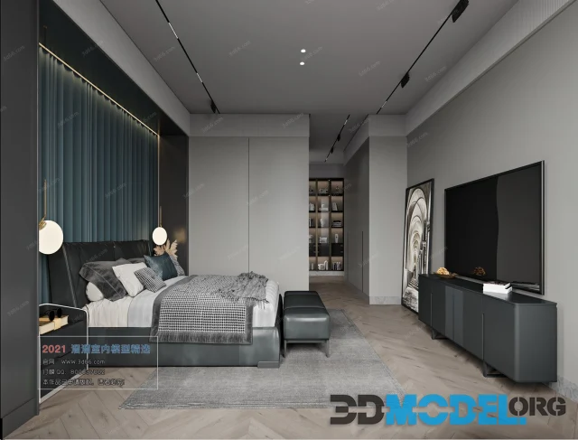 Bedroom interior with dark leather bed
