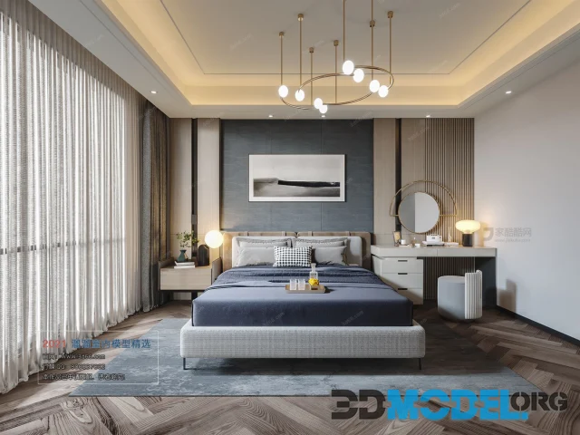 Interior of a modern bedroom in gray and blue tones
