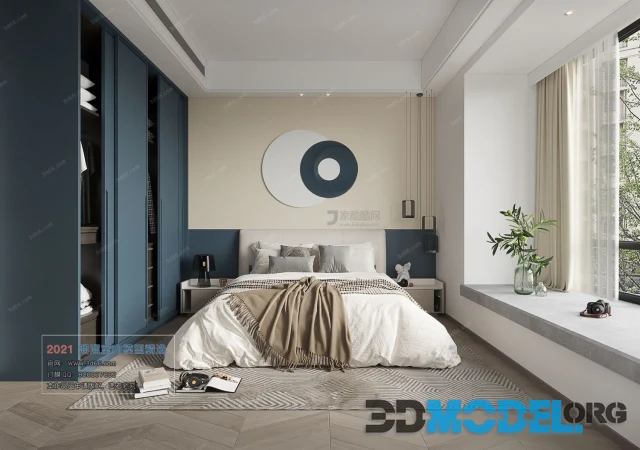 Bedroom interior in gray-blue and white colors
