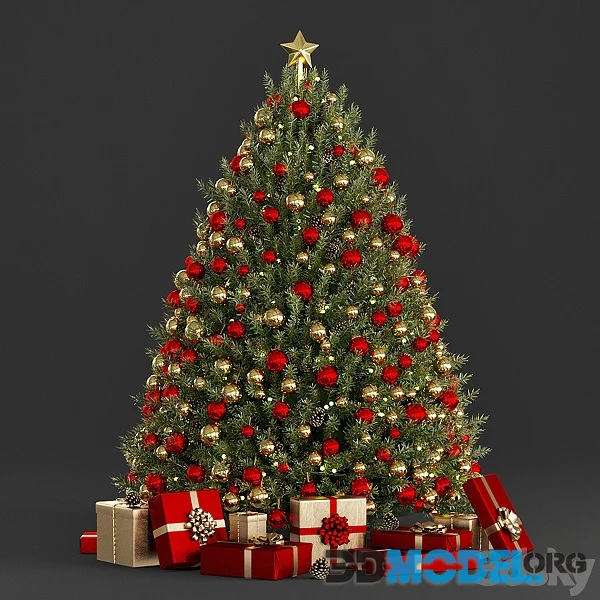 Christmas tree (with gold and red balls, gifts)