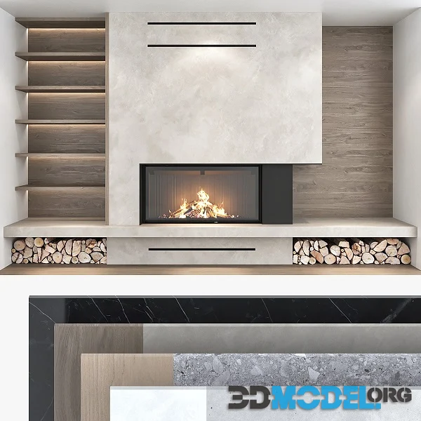 Decorative Wall with Fireplace Set 07 Hi-Poly
