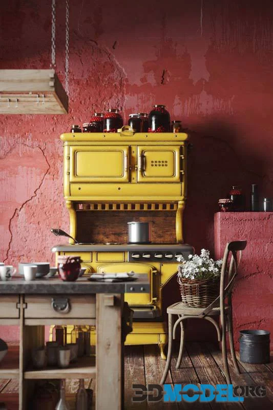 Vintage interior of red kitchen Gialla