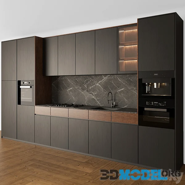 Kitchen Modern 05 Black & Wood with appliances