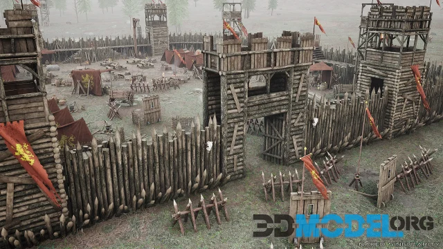 Medieval Wooden Fort - Military War Camp - Palisade Wall Fence - Bandit camp