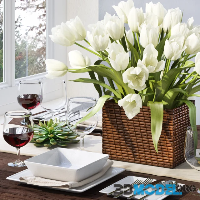 Tableware with tulips and wine