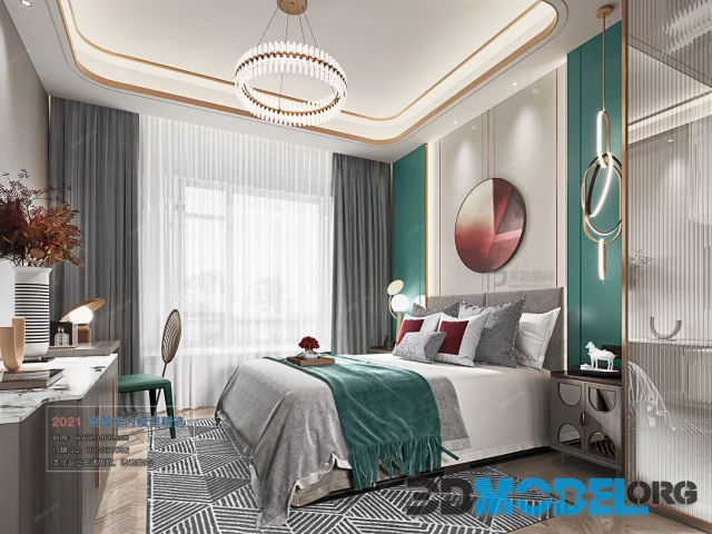 Bedroom interior with mint and burgundy accents