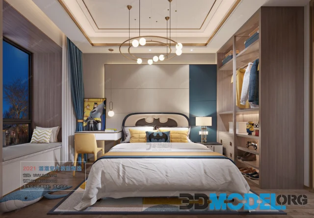 Bedroom interior with blue and yellow color accents