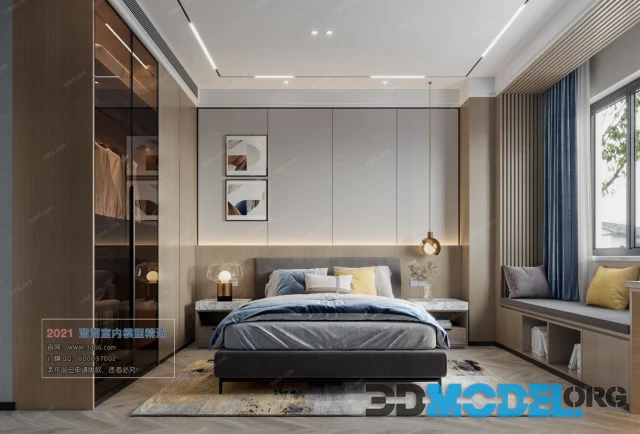 Bedroom interior with abstract paintings