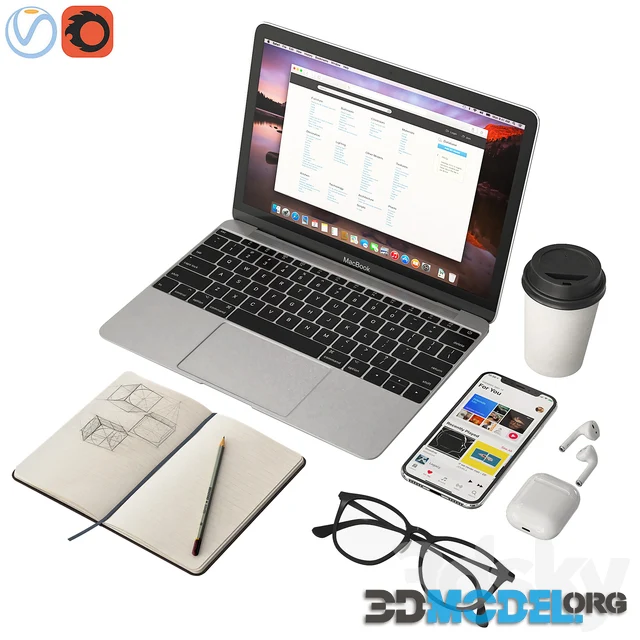 Workplace MacBook 12 set with glasses