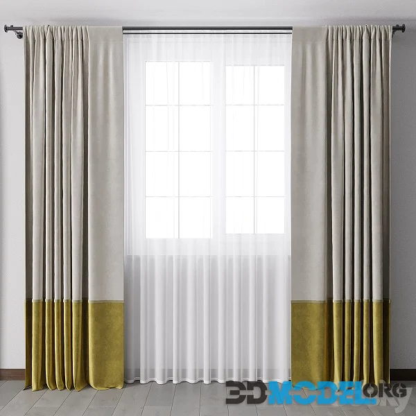 Yellow curtains with metal curtain rod and tulle Hi-Poly