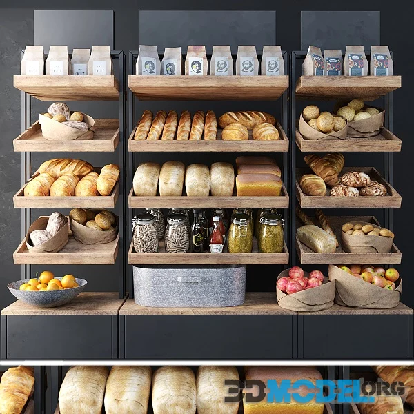 A Large Showcase in a Bakery With Bread Hi-Poly