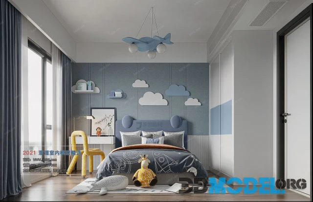 Children's bedroom with airplane light fixture
