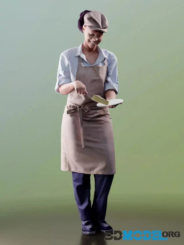Black female chef Monika standing and holding a brownie (3D-scan)