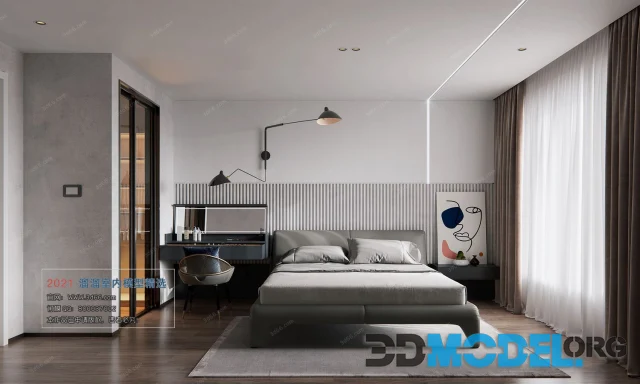 Bright bedroom with abstract portrait