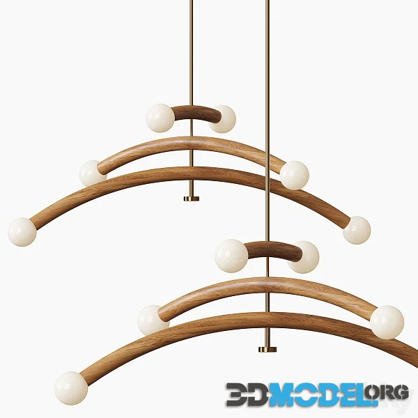 Contemporary Bleached White Oak and Brass LED Chandelier Hi-Poly