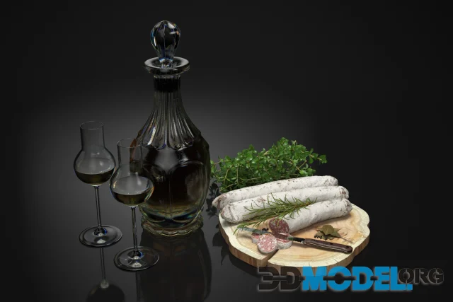 Set with herbs, wine and sausages
