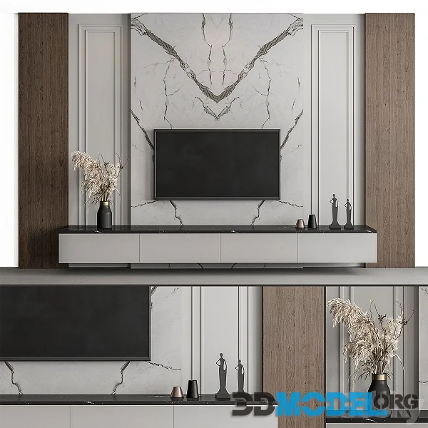 3D Model – TV Wall Stone and Wood Set 57 Hi-Poly