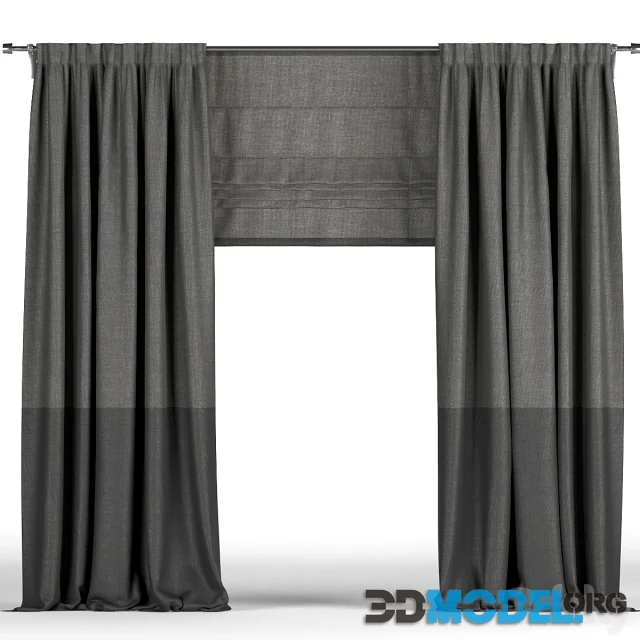 Black curtains in two shades + black Roman blinds