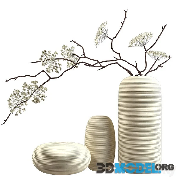 Bouquet of Flowering Branches in Ceramic Vases