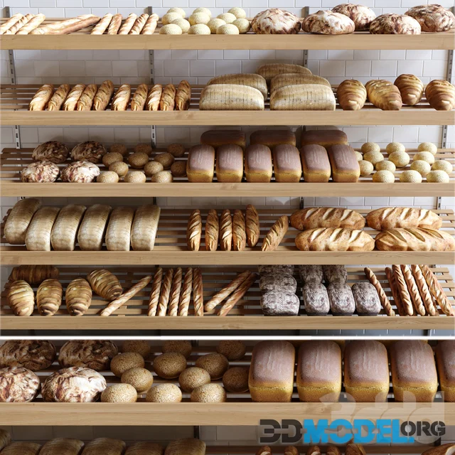 Rack with pastries in a bakery with bread, loaf and buns